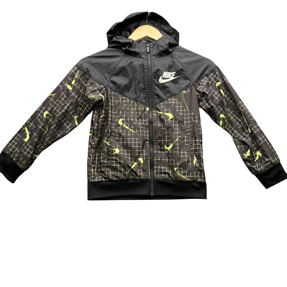 Nike Jacket Kids' Size XS Black Hooded Windbreaker Neon Grid Swoosh Outerwear
